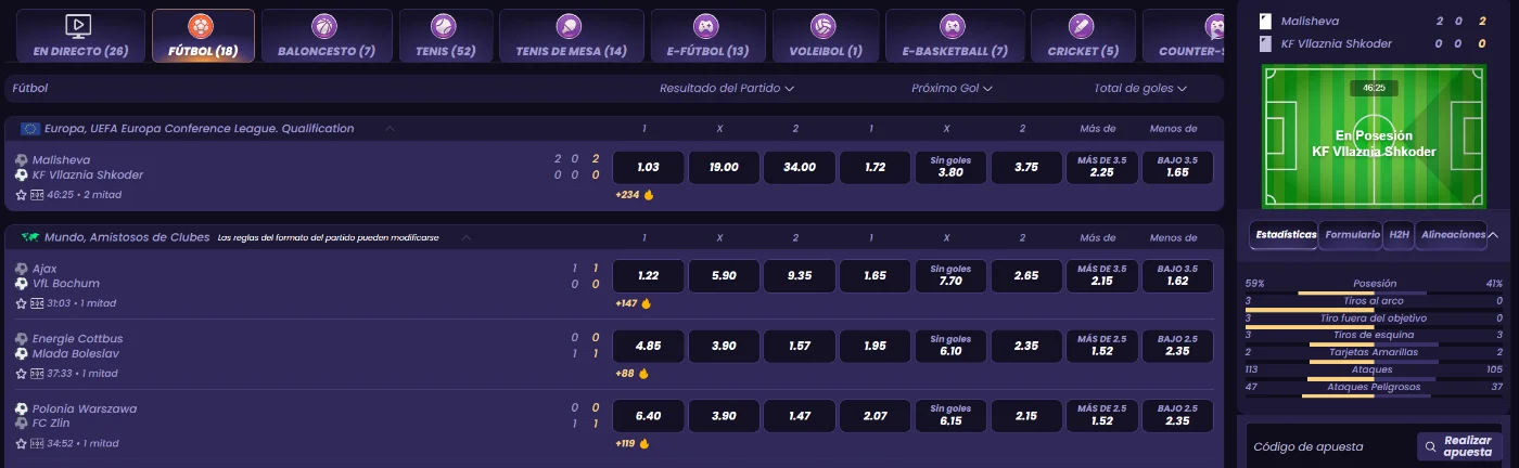 FunBet Casino apuestas deportivas en vivo con cuotas, resultados y estadísticas de fútbol